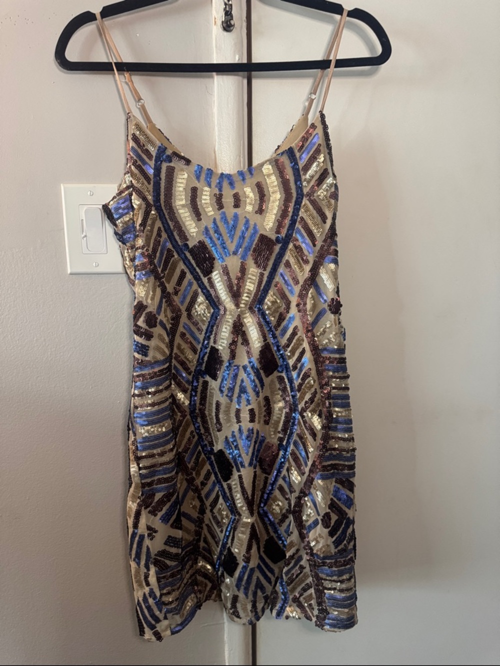 Hot & Delicious Sequin Geometric Mini Dress in Nude, Blue, and Brown